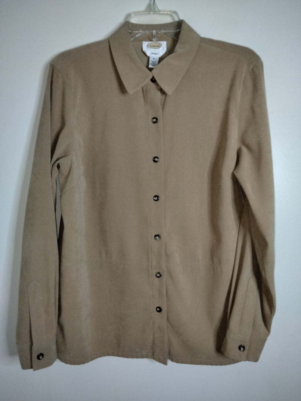 Talbots -M- Tan Stretch Faux Suede Button Front Long Sleeve Tunic Shirt Jacket